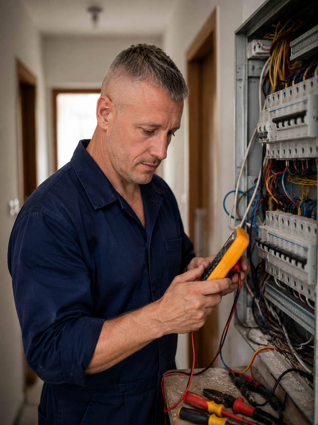 Profesionálny elektrikár pri práci na elektrickom rozvádzači